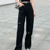 Jeans Women Denim Hole Button Pockets Loose Plus Size 5XL Black Trousers Baggy Chic Harajuku Daily Scratched Wide Leg Streetwear Y220311