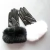 Fem fingrar handskar maylofuer äkta fårskinn läder pekskärm hår manschetter kvinnor varma i vinter svart