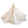 Princess Ball White Lace Flower Girls Dresses for Weddings Concurso barato Tulle Belt Bow Knot Custom Primeiro vestido de vestido de comunhão 403