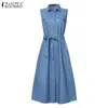 Casual Dresses 5XL Denim Blå för kvinnor 2022 Ladies Midi Vestidos Ärmlös Sundress Summer Belted Beach Robe Plus Storlek