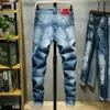 EH MD geverniste jeans herenpatch borduurwerk zacht zacht katoen elastisch rood lederen label lichtblauw slanke broek rode oren 201111