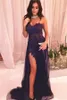 Sexy Side Slit Prom Dresses Mermaid Lace Applique Beaded Sweetheart Neckline Sweep Train Custom Made Evening Party Gowns Vestidos