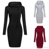 3 Colour S-2XL Women Knee Length Dress Casual Hooded Pencil Hoodie Long Sleeve Sweater Pocket Bodycon Tunic Dresses Top