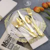 60 Pcs Disposable Tableware Transparent Golden Plastic Tray With Disposable Silverware Glasses Birthday Wedding Party Supplies 211216