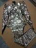 Silver Laser Sequins Backless Slit Dress Club Women Dancer Singer Singer Performance Reflective Mirror Costume Nightclub Bar Sexy Party Stage Wear