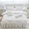 100%Cotton Thick Quilted lace Bedding set King queen Twin size Bed set Princess Korean Girls White Pink Bed skirt set Pillowcase T200706