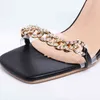 Sandals Gold-Tone Chain Embellished Ankle Strap High Heel for Women Fashion Open Toe Chunky Party Dress Pumps Summer New Arrival 220121