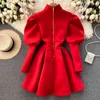 2022 Autumn Winter Puff Long Sleeve Dresses For Women Party Christmas Turtleneck Slim A-Line Elegant Year Woman Red Dress 211221