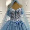 2022 Princess Ivory Lace Light Blue Wedding Dress Long Train Hand Made Flowers Pearls Beaded Off The Shoulder Bridal Dresses Tulle