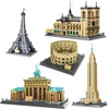 Arkitektur City Building Blocks Italien Rom Colosseum Eiffeltornet Tegelstenar Empire State Building Kits Leksaker för barn Gåvor X0102