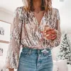 Women's Blouses & Shirts Polyester Fancy Elegant Female Glitter Spring Blouse Silver Color Washable For Shopping
