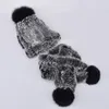 Chapeau de fourrure de lapin Rex véritable bébé avec écharpe casquette d'hiver chaude pour enfants bonnets tricotés chapeaux avec fourrure Pom Poms Y201024