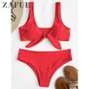 ZAFUL 2020 Gepolsterte Vordere Knoten Bikini Set Frauen Straps Solide Mittlere Taille Badeanzug Sexy Bademode Schwimmen Anzug Bademode T200708