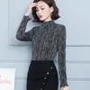 Women's Blouses & Shirts Fashion Striped Shiny Bright Silk Lace Blouse Women Long Sleeve Turtleneck Plus Size Tops Blusa Mujer1