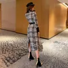 여성용 양모 가을 / 겨울 2021 한국 여성 패션 흑백 체크 스타일 정장 칼라 높은 허리 슬림 피팅 woole