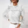 Kvinnor Vintage Lace Ruffles O Neck Blusströja Höst Elegant Hollow Out Pullover Office Ladies Casual Solid Färg Toppar