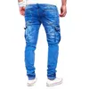 Mens Biker Jeans Street Style Casual Zipper Multi Pocket Denim Pants knie Ruches Skinny Slim Fit broek voor MAN6176636