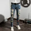 Herfst man gat jeans persoonlijkheid printen mannelijke broek trend direct manchetloze broeken elastische kracht vrije tijd tijdbroek broek broek t200614