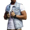 Denim Vest Men Cotton Sleeveless Jackets Blue Casual Fishing Vest Shredded Jean Coat Ripped Male Cowboy Outdoors Waistcoat 201126