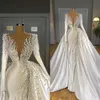2021 Perles de luxe sexy robes de mariée sirène Overskirt V cou de cou de couche à manches longues