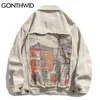 GONTHWID Hip Hop Denim Jacket Streetwear Mens Vintage Painting Ripped Jean Coats Harajuku Autumn Cotton Jackets Green Khaki 220301
