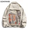 Gonthwid Hip Hop Denim Ceket Streetwear Erkek Vintage Boyama Jean Coats Harajuku Sonbahar Pamuk Ceketler Yeşil Haki 220301