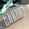 Lüks 925 STERLING Gümüş Pave Emerald Cut Simüle Elmas Düğün Nişan Kokteyl Kadın Topaz Band Rings Fine Taş Takı