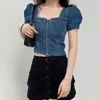 Kvinnors T-shirt Sexig Denim Square Collar Women Short Puff Sleeve Zipper Blue Crop Top Lace Up Slim Fit Skönhet Back Summer WQ09