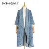 TWOTWINSTYLE Vintage Denim Frauen Windjacke Revers Kragen Halbe Hülse Hohe Taille Graben Mäntel Weibliche Mode Kleidung Flut 201111