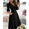 Solid Color Women Shirt Dress Elegant Fashion Long Lady Dresses Autumn Casual Overized Cardigan Girl Vestidos V Neck Tunic 220314