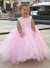 Pink Mother And Daughter Girls Pageant Dresses Jewel Neck Sleeveless Lace Appliques Beads Tulle Bow Kids Flower Girl Dress