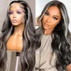 24/32 Inch Grey Long Highlight Human Hair Wig Ombre Transparent HD Lace Front Wig 13x4 Curly Hair Women's Natural Hairline Fakeseamless natural Precut