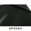 KPYTOMOA 여성 패션 가짜 가죽 느슨한 블레이저 코트 빈티지 긴 소매 포켓 백 벤트 여성 겉옷 세련된 탑 201023