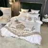 New White Luxury European Royal Gold Embroidery 60S Satin Silk Cotton Bedding Set Duvet Cover Bed Linen Fitted Sheet Pillowcases 201120