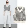 Kvinnor 2020 Fashion Oversized Houndstooth Stickad Vest Sweater Vintage Ärmlös Sida Vents Kvinna Waistcoat Chic Tops