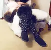 Bottes hivernales noires en cuir authentique vache de vache sur le genou réalité fourrure strass Crystal Snow Femmes Chaussures de coton chaud