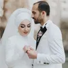 Pure White Lace Muslim Long Sleeves Wedding Dresses with Appliques High Neck Sweep Train A Line Elegant Modest Bridal Gowns