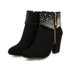 Fashion Bling Crystal Rhinestones Women Autumn Winter Boots Square Heels Shoes Sexy Pointed Booties Thick Heel Night Club Party Boots