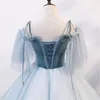 Party Dresses Romantic Blue Quinceanera Prom Dress Spaghetti Strap Sweetheart Neck Draped Masquerade Lace Up Back Bridal Gowns