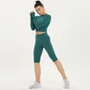 Kobiety Joga Zestaw Odzież Fitness Z Zipper Z Długim Rękawem Koszula Szorty 2 sztuk Zestaw Sports Stroje Aktywne Nosić Długość Knee Dres Trening Dres