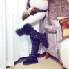 Boots Winter Black Genuine Leather Cowhide Over The Knee Real Fur Rhinestone Crystal Snow Women Warm Cotton Shoes