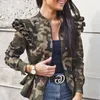 Chaquetas de mujer, chaqueta ajustada con volantes y cremallera, abrigo corto de primavera con estampado de lunares a cuadros de camuflaje, Tops de otoño para mujer