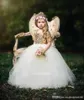 Nya Guld Sequins Billiga Bröllop Flower Girls Klänningar För Land Hollow Tillbaka Med Sashes Puffy Tulle Girls Födelsedag First Communion Dresse