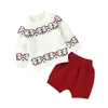Emmababy gratis verzending baby baby meisjes jongens gebreide set casual lange mouw geometrische patroon top + rode korte broek LJ201221