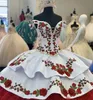 Gorgeous Gold Red Green Embroidery Quinceanera Dresses Charro Off The Shoulder Bow Tiered Satin Ball Gown Prom Dress 7th Grade8733151