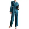 Calças de duas peças femininas Belas azuis vintage 2021 peças definidas femininas blazer laço Up Titched Loose Pant Suits Office Lady Suit1