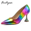 Women Heels Stiletto Sandals 2022 New PU Rainbow Colors Party Slip-on Shallow Wine Glass Heel Pointed Toe Height Increasing