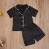 Toddler Bebek Çocuk Kız Erkek Yaz Sonbahar Siyah Saten Pijama Kısa / Uzun Kollu Kısa / Uzun Pantolon Pijama Rahat Set 2-7Years