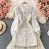 Vrouwen Tweedelige Set Koreaanse Mode Bowtied Collar White Blouse en Spaghetti Strap Single Breasted Mini Tweed Jurk Suits 220216