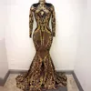 2021 Bling Luksusowe Długie Rękawy Suknie Wieczorowe Nosić Syrenka High Neck Holidays Graduation Wear Black Gold Cekiny Prom Party Suknie Niestandardowe